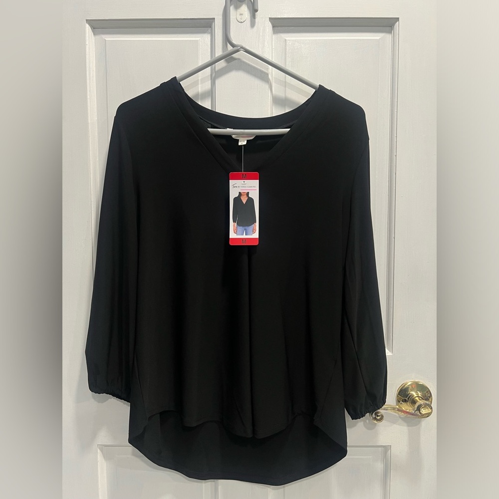 TWO BY VINCE CAMUTO NWT V-Neck Long Sleeve Solid Black Blouse MEDIUM Pre Loved